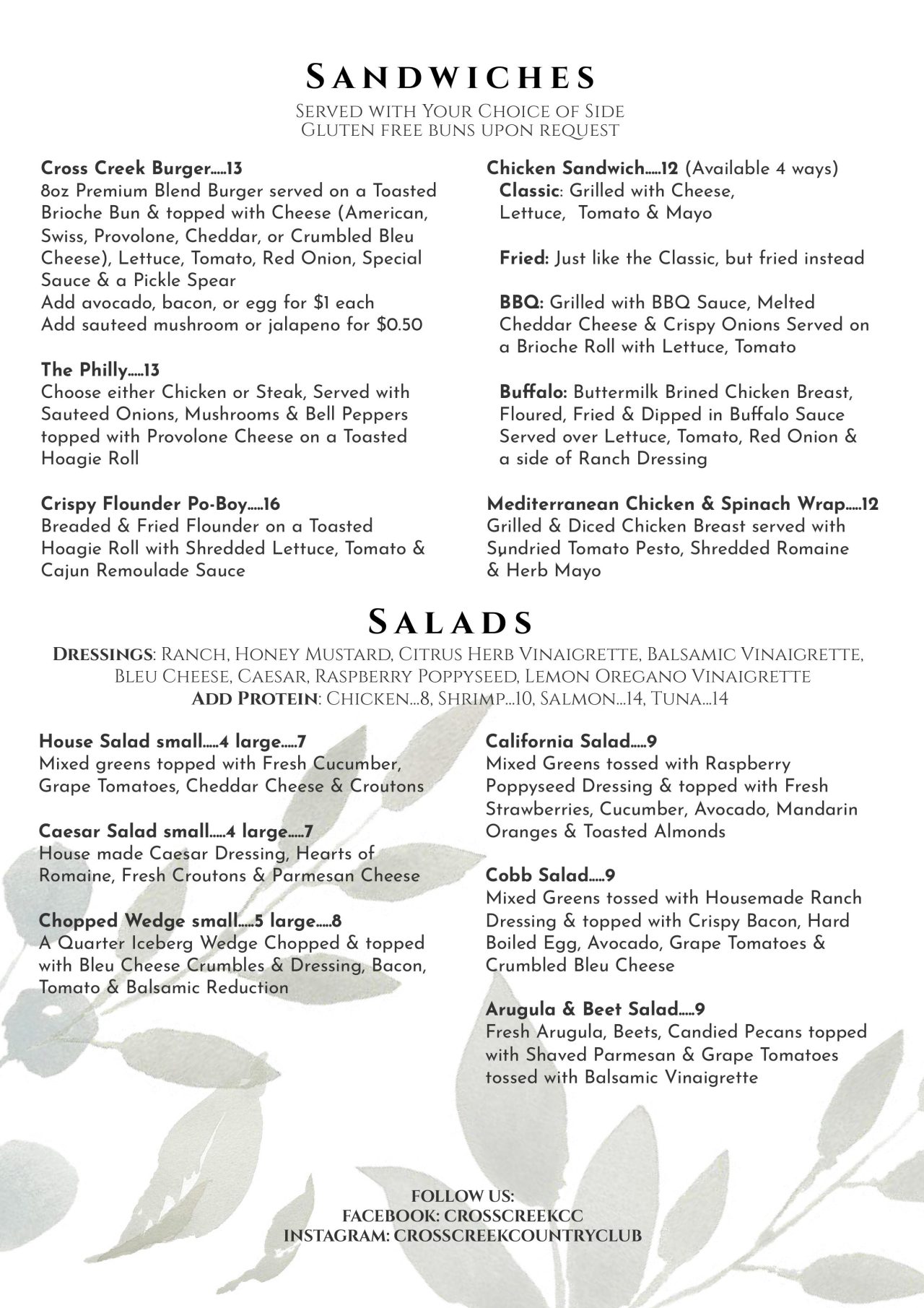 Menus | Cross Creek Country Club